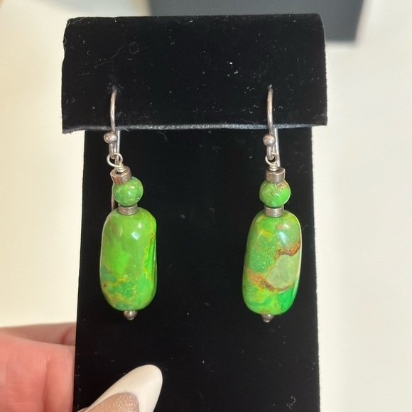 Green turquoise and sterling silver dangle pierced earrings # 179 - Picture 5 of 8